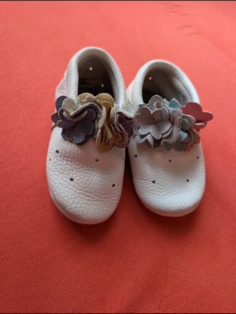 White Kids Floral Leather Slip-On Shoes